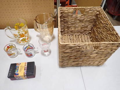 2 Vintage Pitchers, 2 Glass Garfield Mugs, Coca Cola Glass, Square Basket, etc: 2 Vintage Pitchers, 2 Glass Garfield Mugs, Coca Cola Glass, Square Basket, etc All pictures are considered part of the description and should be examined carefully by bidders. Live Auctioneers