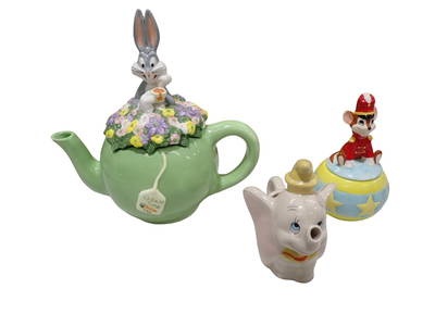 Warner Bros Bugs Bunny Teapot, Disney Dumbo Creamer and Timothy Mouse Sugar Bowl