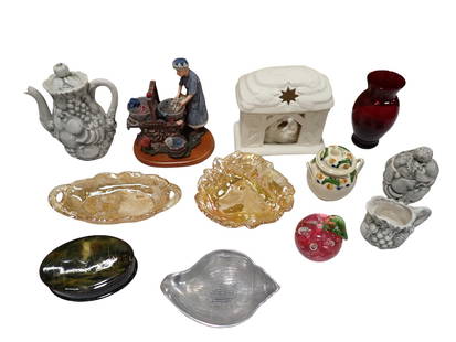 Lot of Glassware, Ceramic, Etc incl Apple Paperweight, Ruby Red Glass Vase, Vanmark Homeland Classic: Lot of Glassware, Ceramic, Etc incl Apple Paperweight, Ruby Red Glass Vase, Vanmark Homeland Classics Figurine, etc All pictures are considered part of the description and should be examined