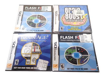 4 Sealed Nintendo DS Video Games incl Bran Boost, Brain Age 2, and 2 Flash Focus Vision Training in: 4 Sealed Nintendo DS Video Games incl Bran Boost, Brain Age 2, and 2 Flash Focus Vision Training in Minutes All pictures are considered part of the description and should be examined carefully by