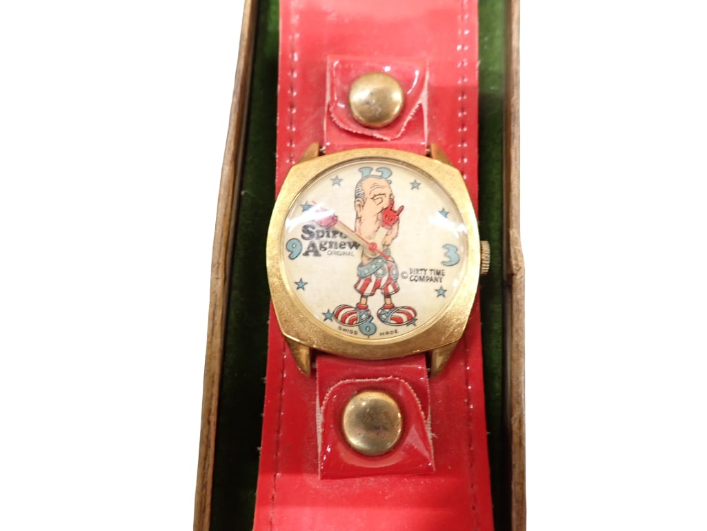 Vintage Spiro Agnew Watch Dirty Time Company: Vintage Spiro Agnew Watch Dirty Time Company Condition: untested All pictures are considered part of the description and should be examined carefully by bidders. Live Auctioneers is now
