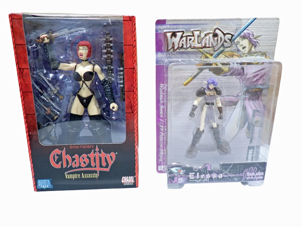 2 New in Package Figures incl Brian Pulido's Chastity Vampire Assassin and Warlands Elessa: 2 New in Package Figures incl Brian Pulido's Chastity Vampire Assassin and Warlands Elessa All pictures are considered part of the description and should be examined carefully by bidders. Live Auc