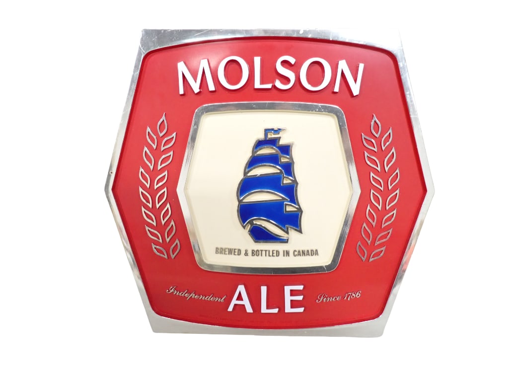 Molson Ale Bar Sign: Molson Ale Bar Sign 13x13x1" All pictures are considered part of the description and should be examined carefully by bidders. Live Auctioneers is now offering Live Shipping through them. This is an op