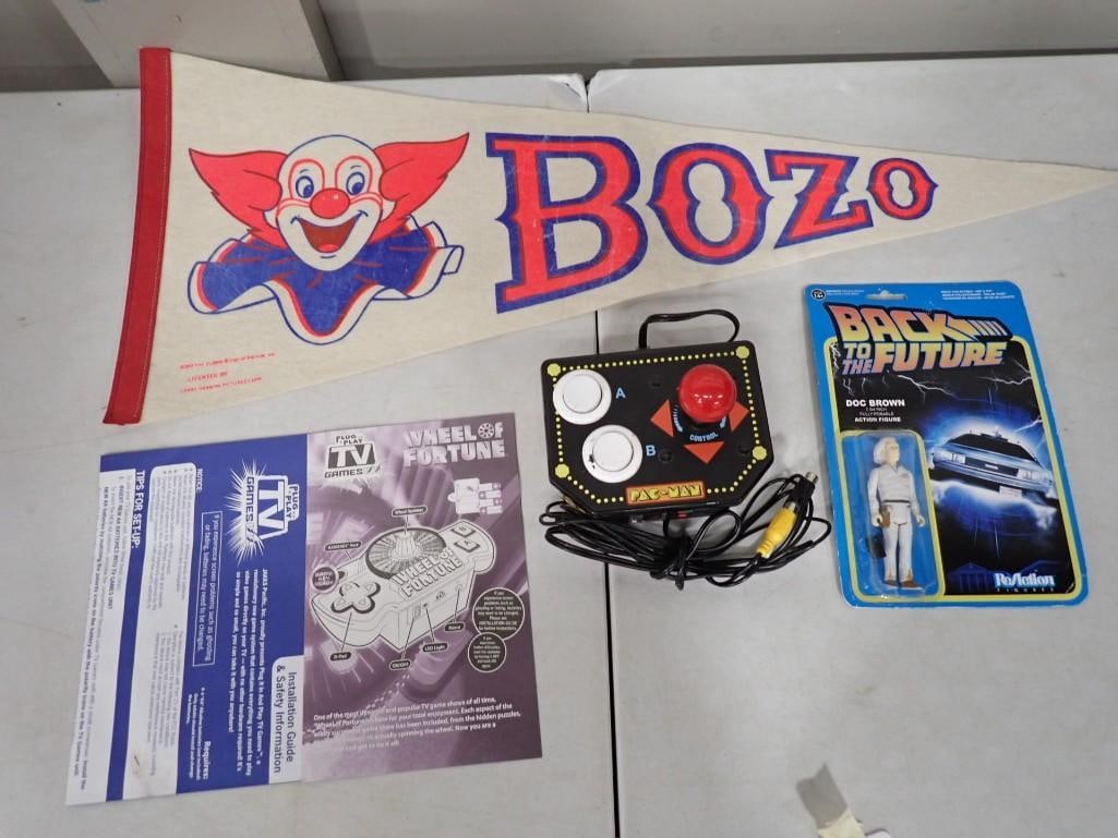 Misc. Lot including Vintage Bozo the Clown Pennant, Pac Man Video Game, Back to the Future Action (1 of 8)