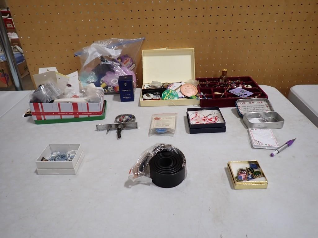 Lot of Misc. Smalls and Costume Jewelry, etc. including Buttons, Necklaces, Charms, Buick Hood Ornam: Lot of Misc. Smalls and Costume Jewelry, etc. including Buttons, Necklaces, Charms, Buick Hood Ornament, etc 8x4x4" All pictures are considered part of the description and should be examined caref