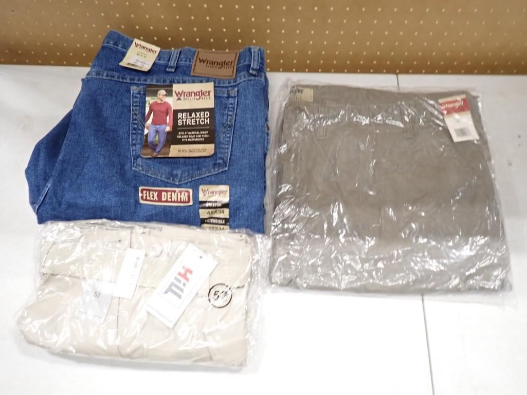 New Wrangler Jeans 48x34, Wrangler Size 52 Shorts and Hill Apparel Size 52 Shorts - all are new: New Wrangler Jeans 48x34, Wrangler Size 52 Shorts and Hill Apparel Size 52 Shorts - all are new All pictures are considered part of the description and should be examined carefully by bidders. Live Au