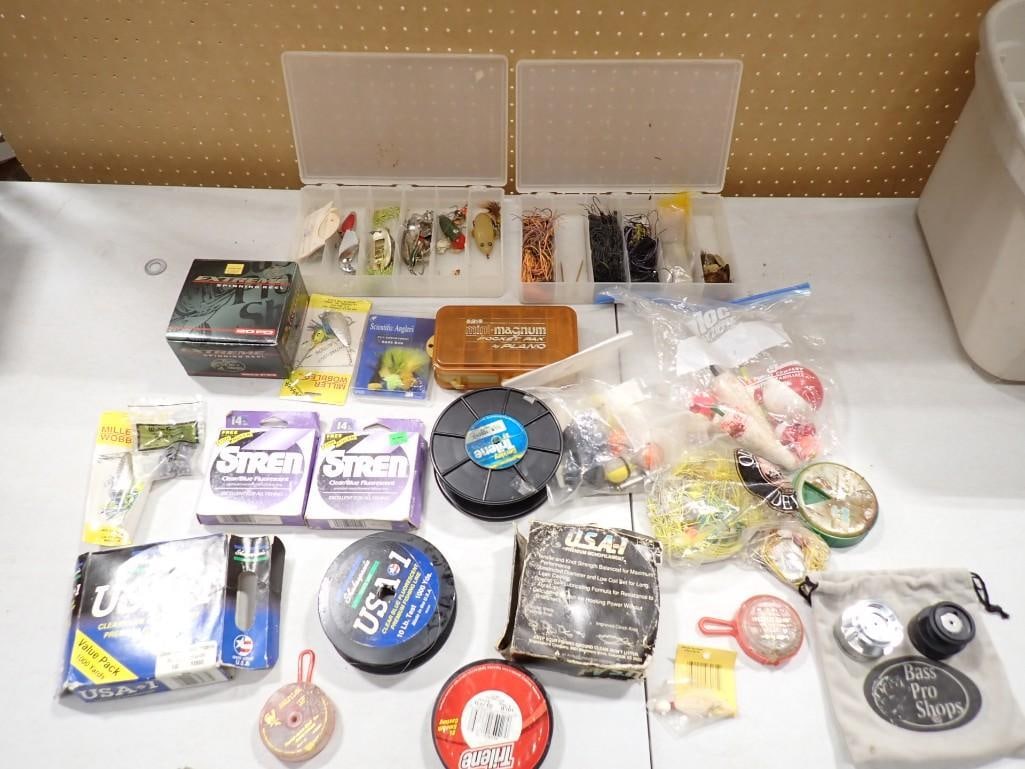 Fishing Accessories Lot including boxes, Lures, Reel, Fishing Line, Bobbers, etc.: Fishing Accessories Lot including boxes, Lures, Reel, Fishing Line, Bobbers, etc. All pictures are considered part of the description and should be examined carefully by bidders. Live Auctioneers is n