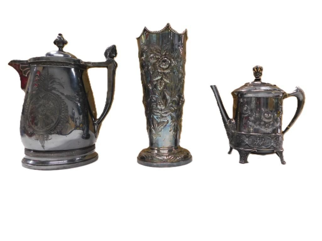 Silver Plate Lot including two Tea Pitchers and a vase including Meridian, Middletown Plate, antique (1 of 10)