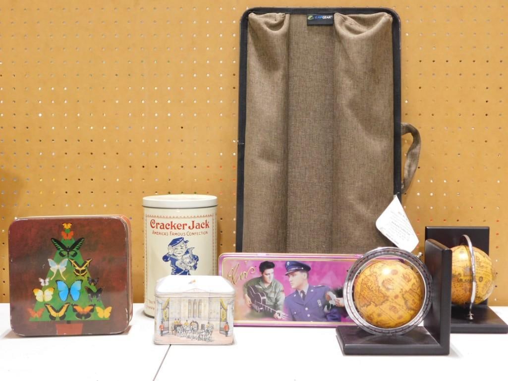 Misc Lot including Home Decor, Globe Bookends, Tins including Cracker Jack, Elvis, Christmas, etc. (1 of 14)