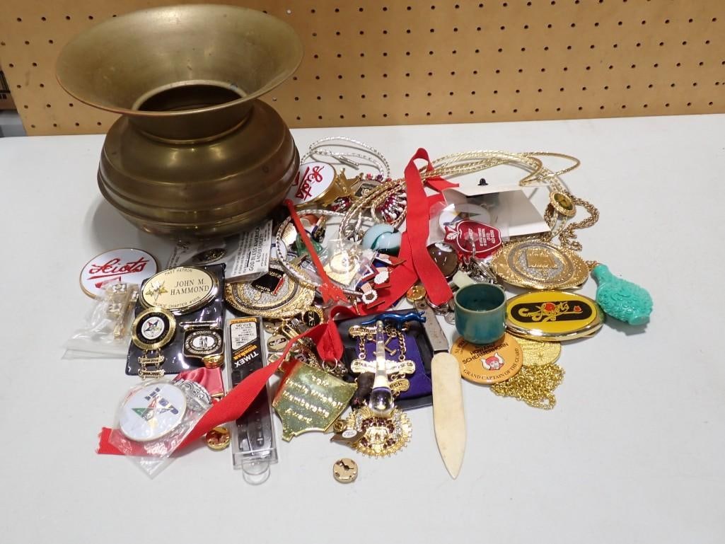 Lot of Smalls incl Belt Buckle, Costume Jewelry, a Vintage Brass Spittoon, etc (1 of 17)