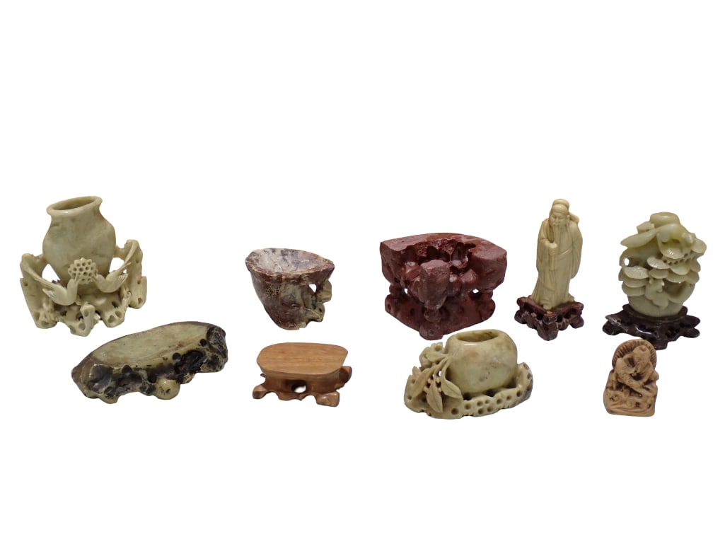 Lot of Asian Style Carved Stone Figurines, etc.: Lot of Asian Style Carved Stone Figurines, etc. All pictures are considered part of the description and should be examined carefully by bidders. Live Auctioneers is now offering Live Shipping through 
