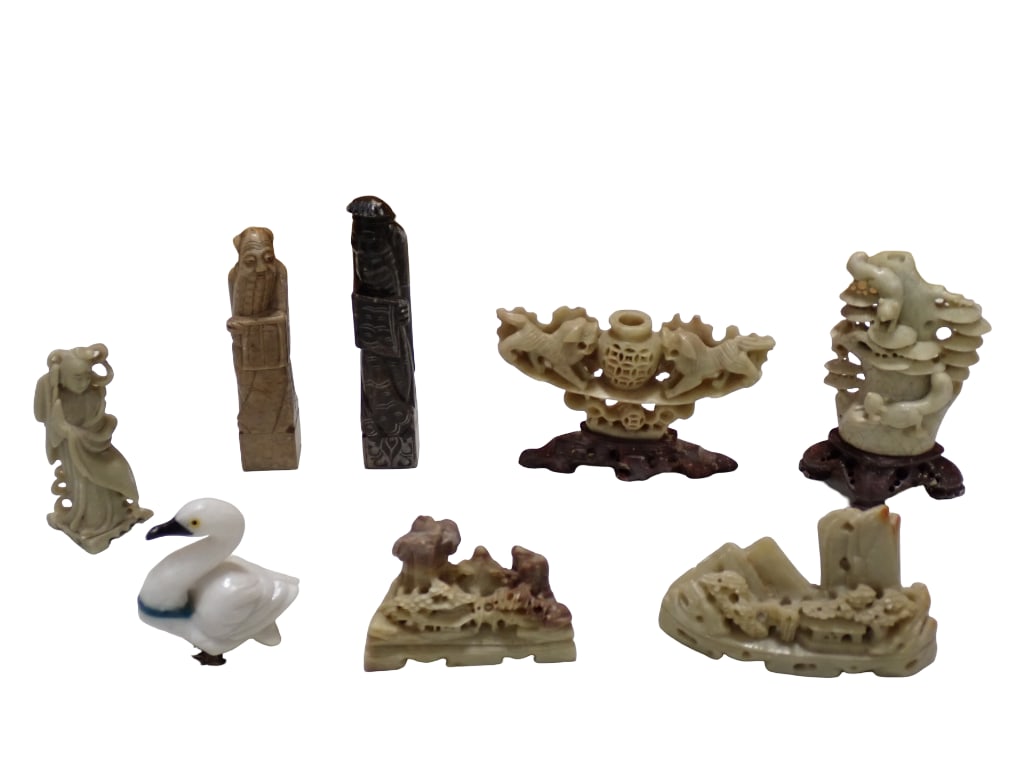 Lot of Carved Stone Asian Figurines, etc. Including People, Animals, etc.: Lot of Carved Stone Asian Figurines, etc. Including People, Animals, etc. All pictures are considered part of the description and should be examined carefully by bidders. Live Auctioneers is now offer