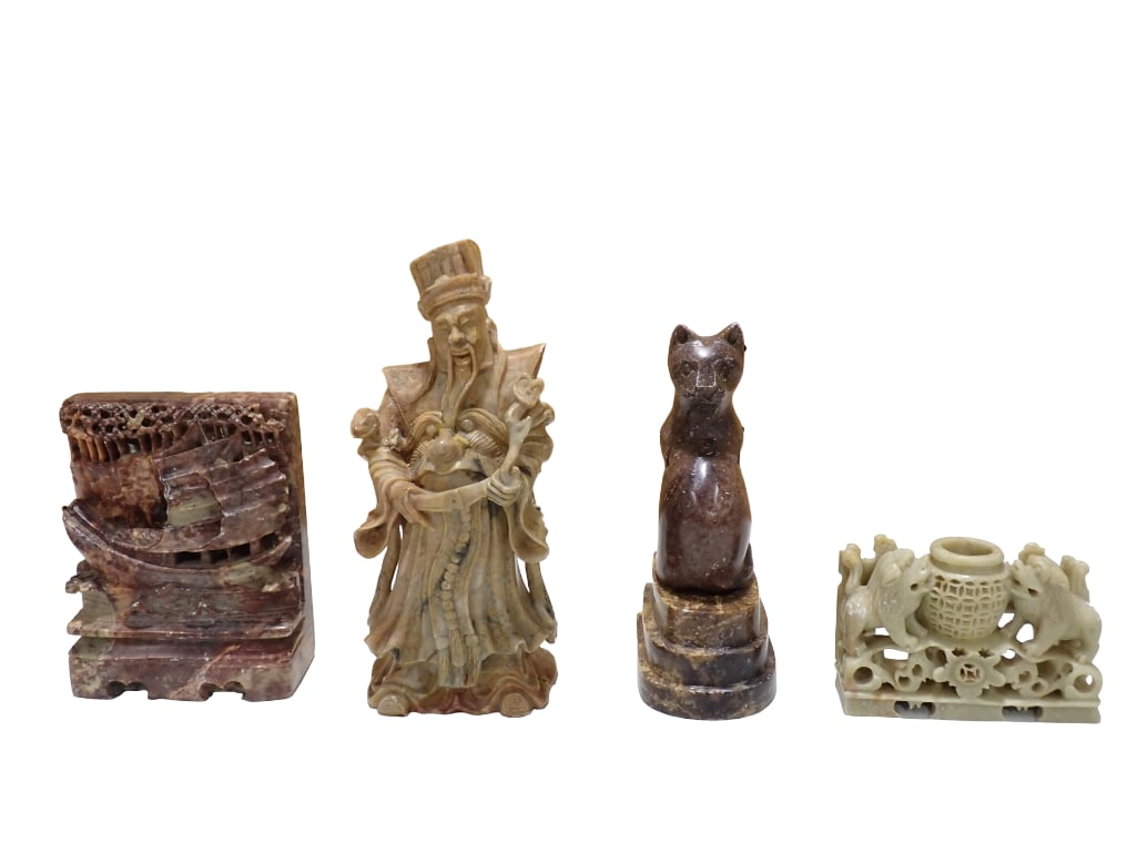 Lot of Asian Style Carved Stone Figurines: Lot of Asian Style Carved Stone Figurines All pictures are considered part of the description and should be examined carefully by bidders. Live Auctioneers is now offering Live Shipping through them.&