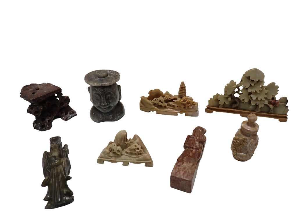 8 Carved Stone Asian Style Statues and Figures incl Carved Plants, Head, Soapstone, etc (1 of 11)