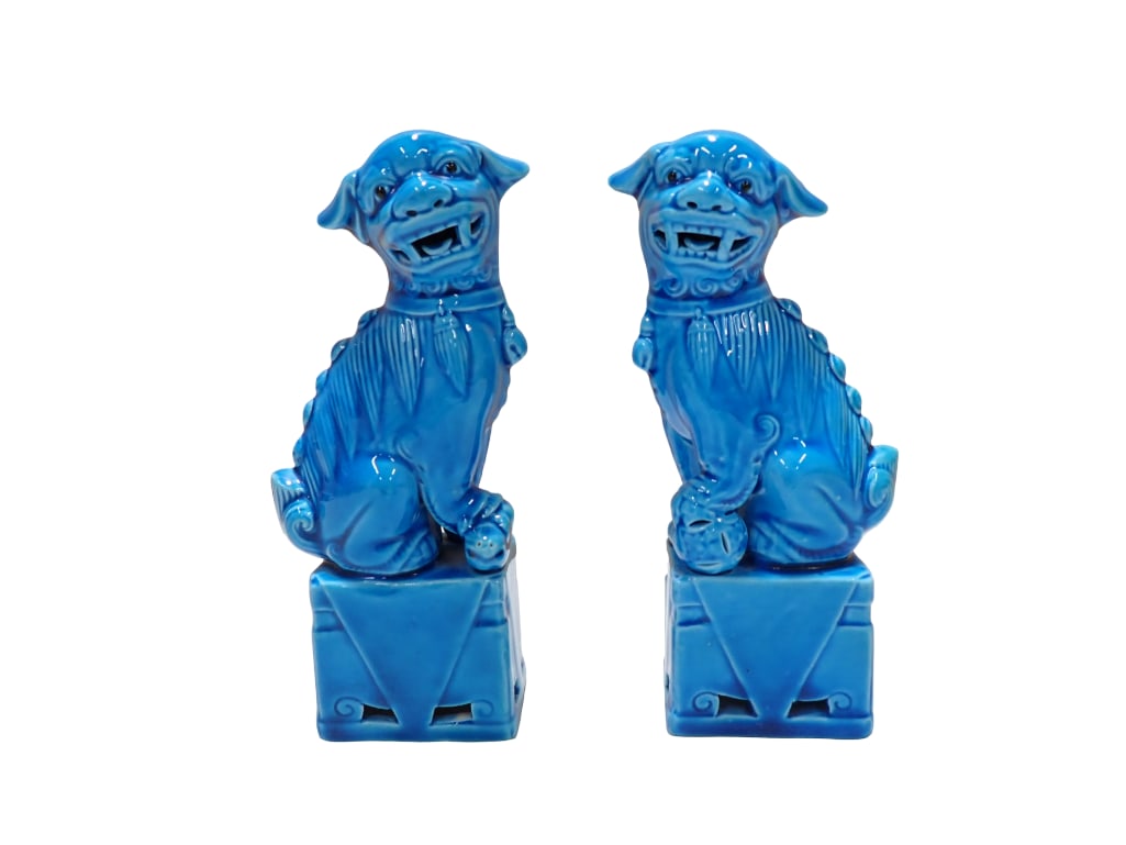 Ceramic or Porcelain Foo Dog Figures or Statues Turquoise Blue Color (1 of 7)