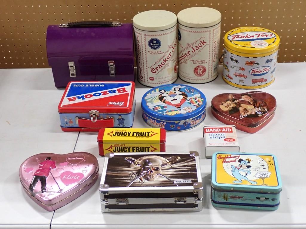 Lot of assorted Tins including Bazooka, Cracker Jack, Juicy Fruit, Huckleberry Hound, Tonka Toys, El (1 of 6)