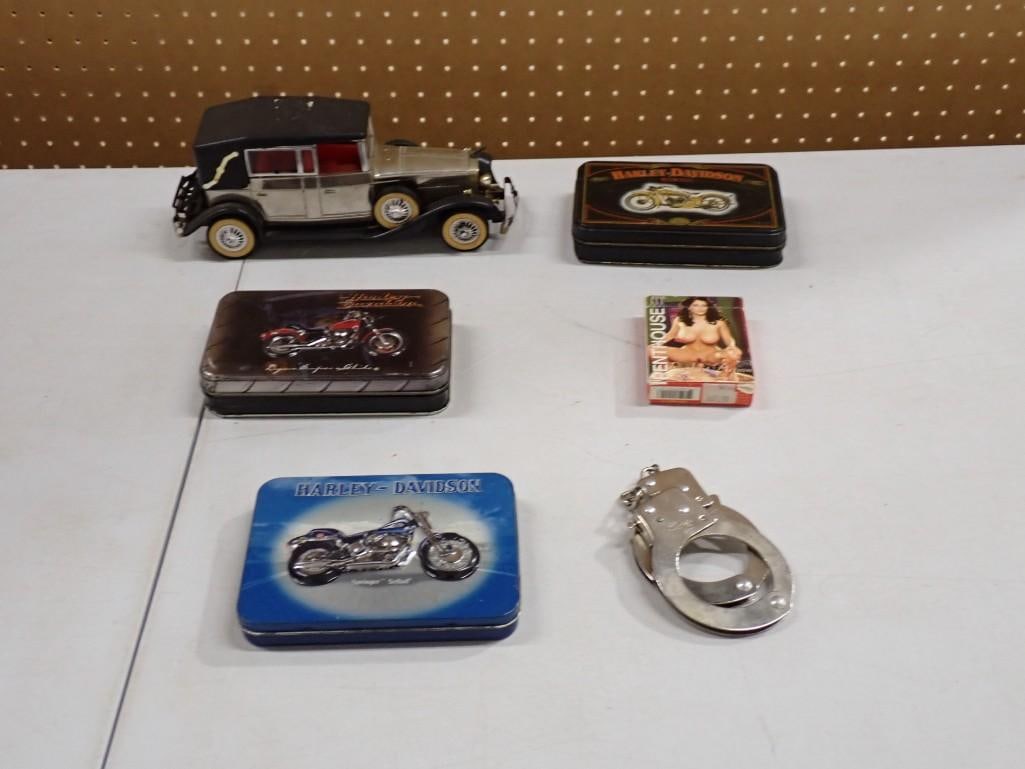 Misc. Lot including Harley Davidson Tins with Playing Cards, Penthouse Playing Cards, Handcuffs, Car (1 of 9)