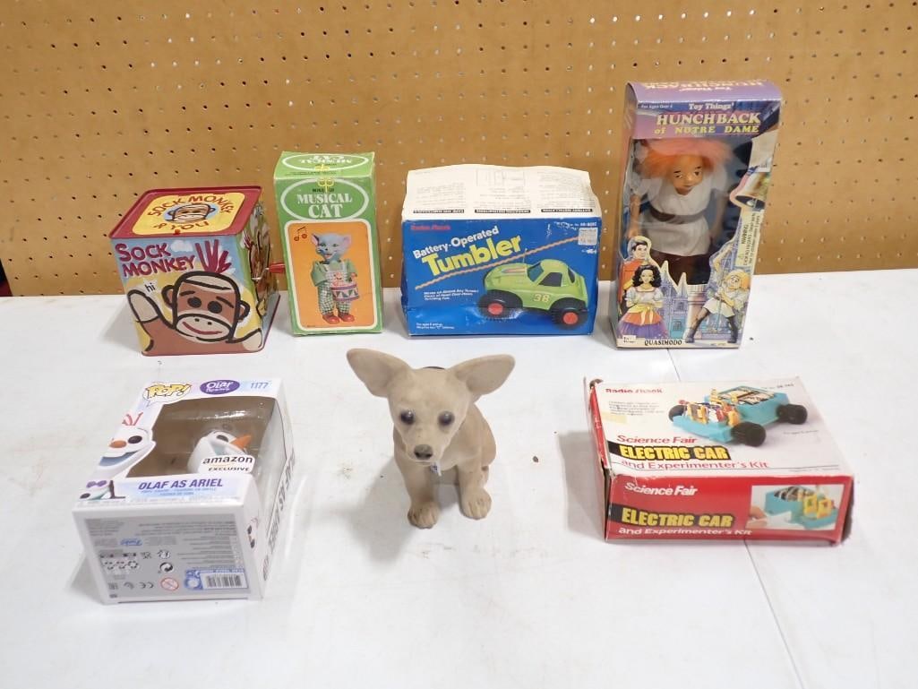 Toy Lot including Sock Monkey Jack-in-the-Box, Wind Up Cat, Quasimodo, Chihuahua, Funko Pop, (1 of 10)