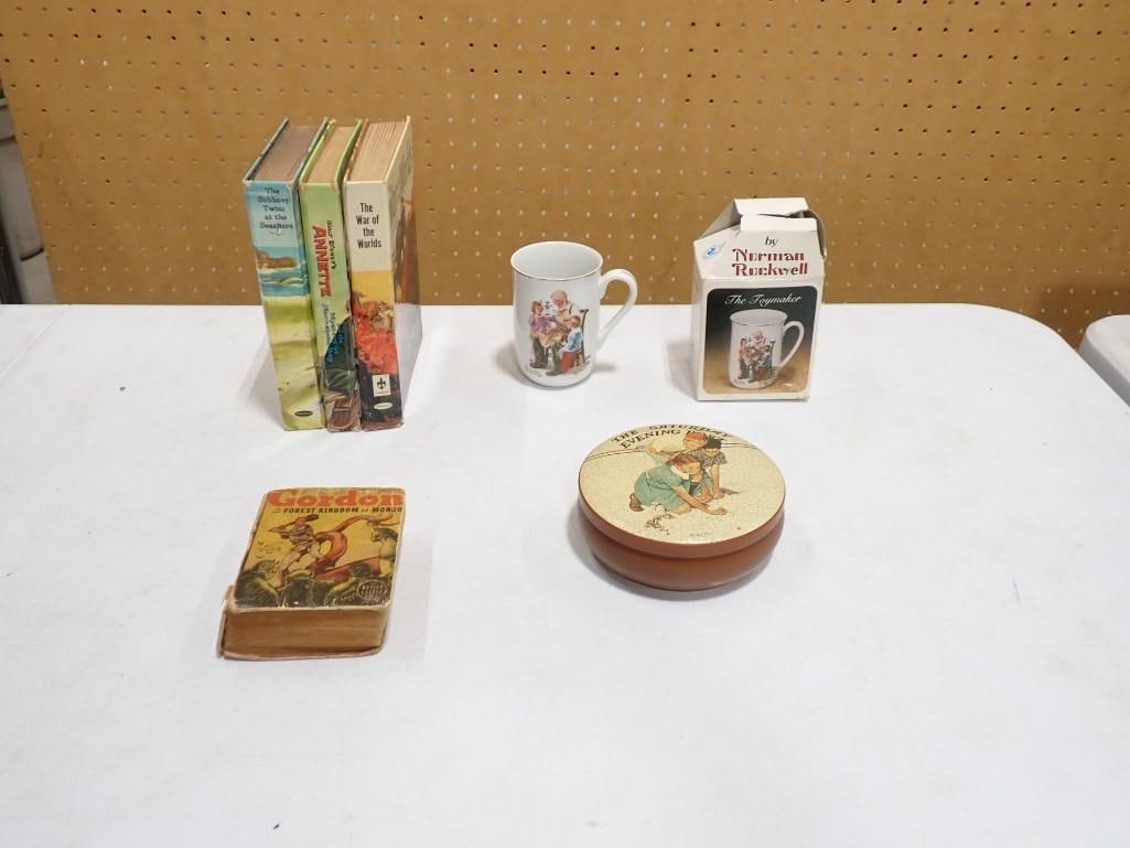 Vintage Books, Norman Rockwell Mug with Box, Saturday Evening Post Dish, etc.: Vintage Books, Norman Rockwell Mug with Box, Saturday Evening Post Dish, War of the Worlds, etc. All pictures are considered part of the description and should be examined carefully by bidders. Live A
