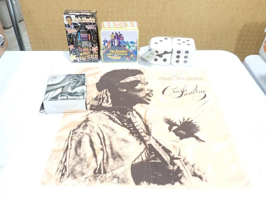 Misc. lot including Jimi Hendrix Cloth, Fuzzy Dice, Beatles Yellow Submarine Tin, Dick Clark's Holid (1 of 7)