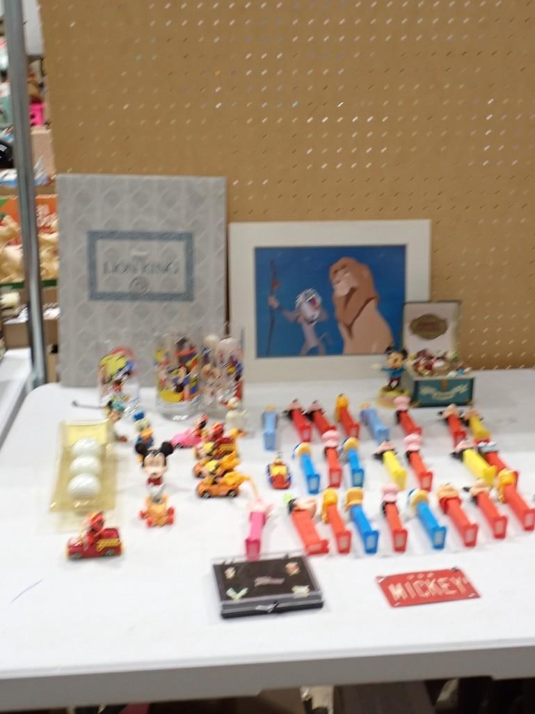 Walt Disney Lot including Pez Dispensers, Cars, Mickey Mouse, Lion King Print, Glasses, Mini License (1 of 10)