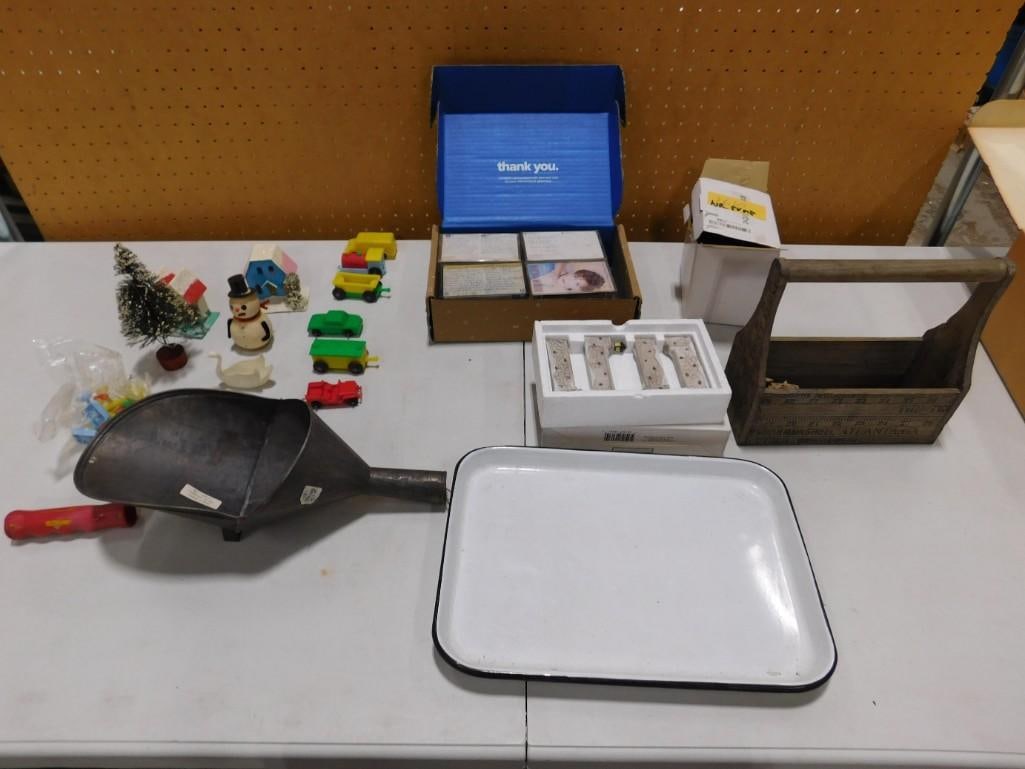 Misc. lot including enamelware tray, small cars, cassettes, home decor, etc. (1 of 9)
