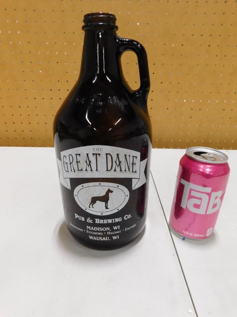 Great Dane Glass Beer Growler Jug EMPTY: Great Dane Glass Beer Growler Jug EMPTY All pictures are considered part of the description and should be examined carefully by bidders. Live Auctioneers is now offering Live Shipping through them. Th
