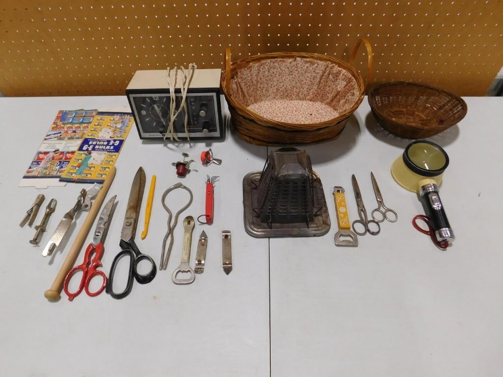 Smalls Lot including Vintage Scissors, Bottle Openers, Clock Radio, Baskets, etc (1 of 8)