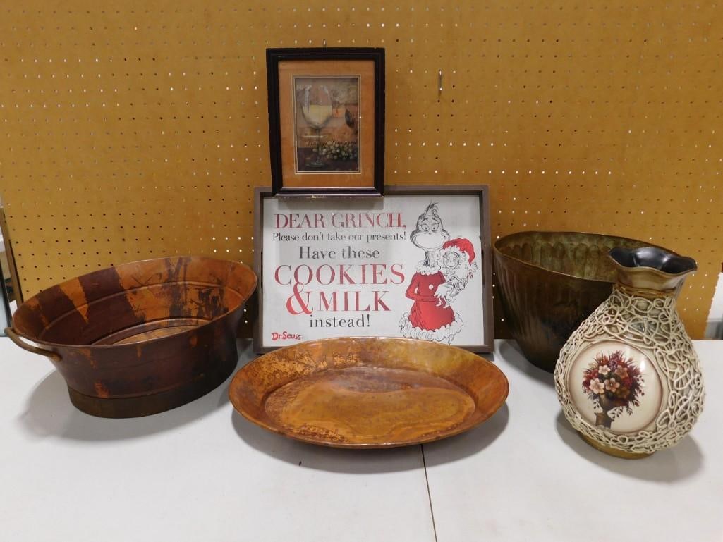Home Decor Lot including Planters / Bowls, Dr. Seuss Sign, Vase, Framed Print (1 of 7)