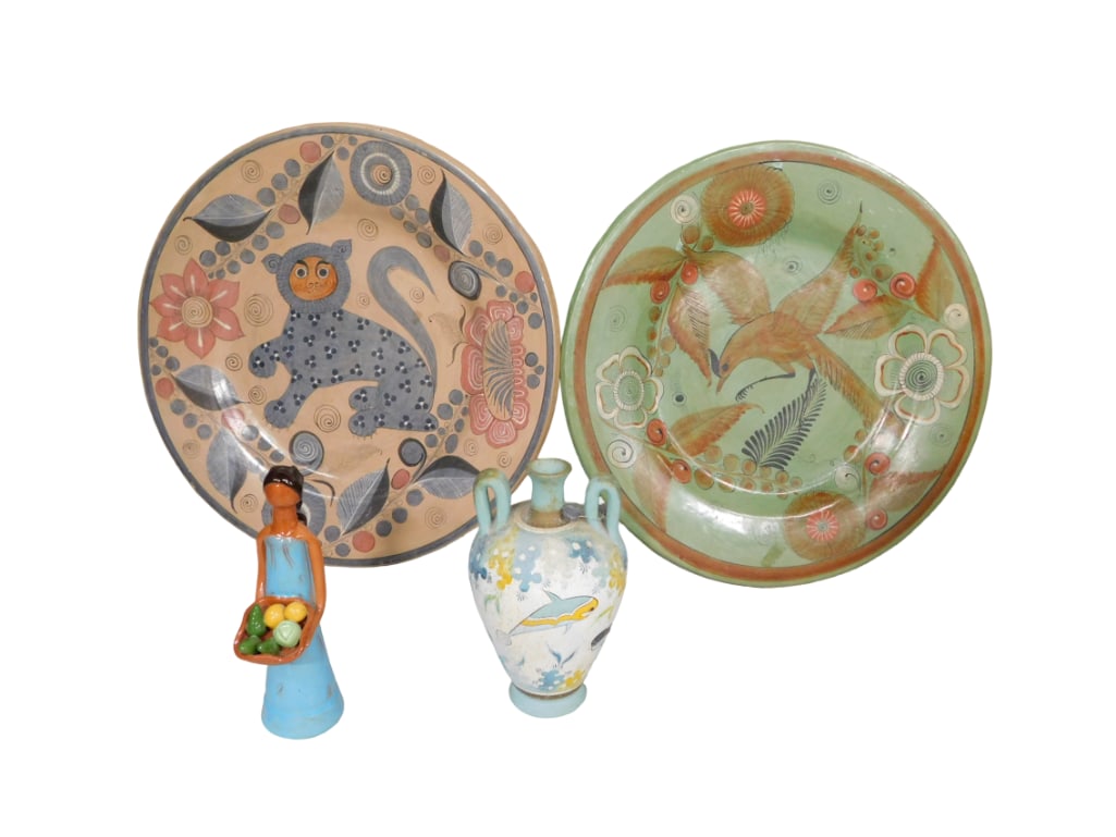 2 Handmade Pottery Wall Hanging Plates, A Pottery Jug, and a Figurine (1 of 7)