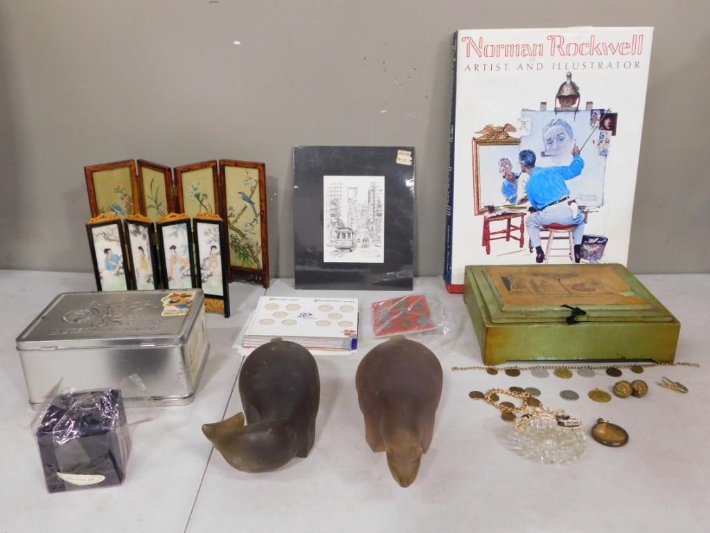 Misc. Lot including Lucite Bears, Norman Rockwell Book, Asian Folding Screens, Coin Books, Trinket B (1 of 18)