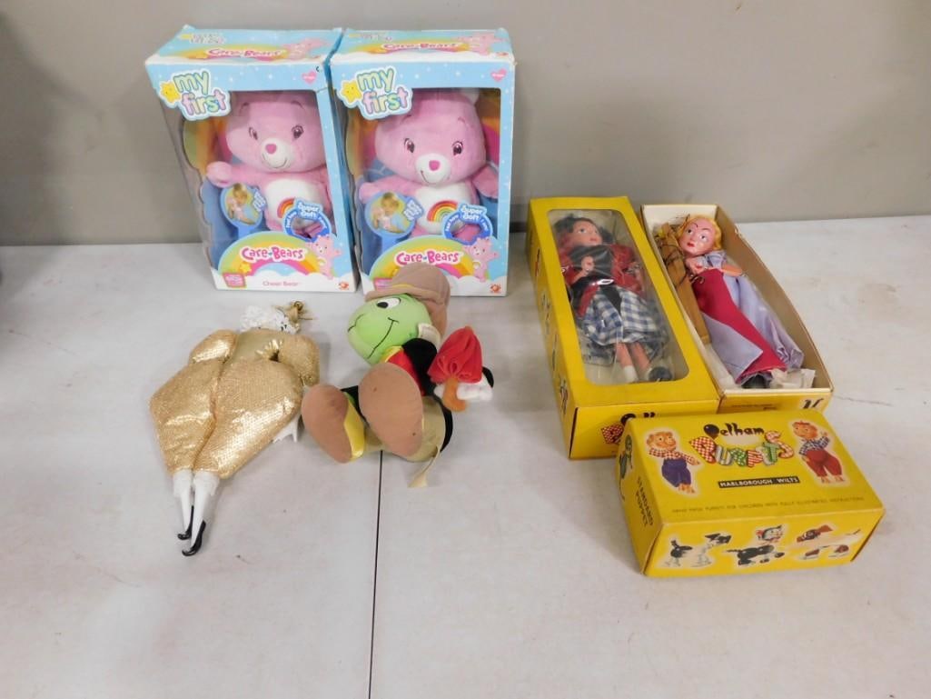 Doll / Plush Lot including New in package Care Bears, Jiminy Cricket, Pelham Puppets, (1 of 9)