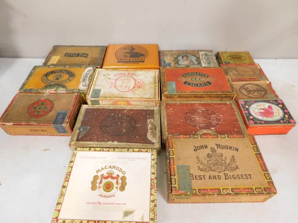 Vintage Cigar Box Lot, most empty, one with advertising pencils, one with old stamps, etc. (1 of 18)