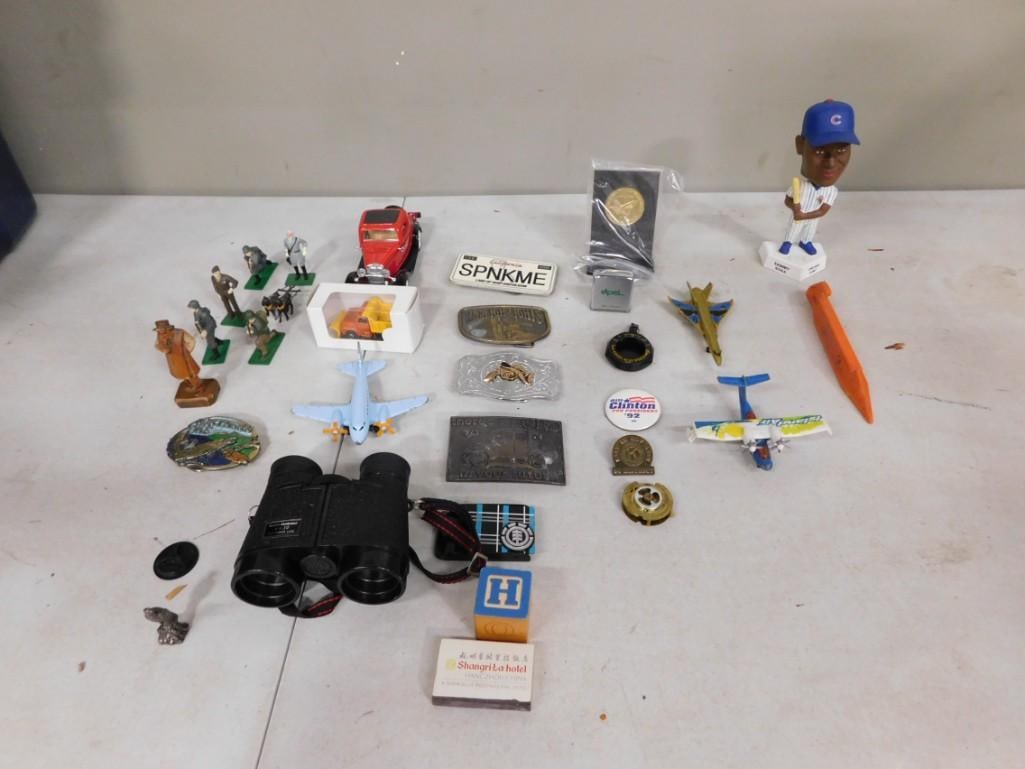 Smalls / Collectibles Lot including Belt Buckles, Binoculars, Figurines, Sammy Sosa Bobble Head, Air: Smalls / Collectibles Lot including Belt Buckles, Binoculars, Figurines, Sammy Sosa Bobble Head, Airplanes, Pins, etc. All pictures are considered part of the description and should be examined carefu
