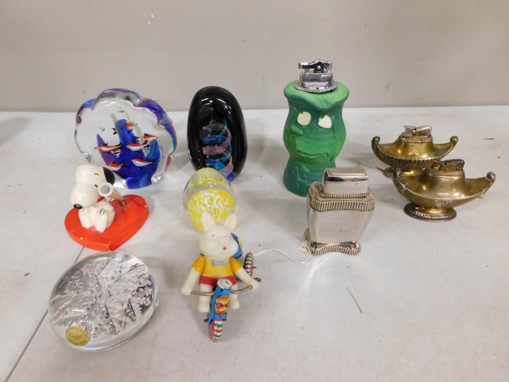 Smalls Lot including Decorative Lighters Art Glass Paper Weights, Snoopy Pen Holder, Crystal, etc. (1 of 9)