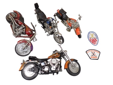 Lot of Model Motorcycles incl Barbie Harley Davidson Motorcycle Toy and 2 Embroidered Hockey Patches