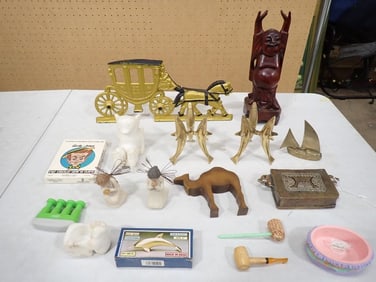 Decor Lot incl Brass Dolphins, Cast Metal Stagecoach Figure, Angel Figurines, and More