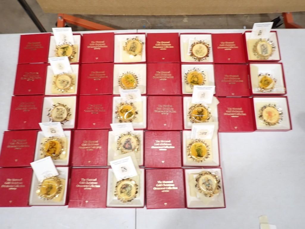 18 The Hummel Gold Christmas Ornament Collection Christmas Ornaments in Original Boxes: Lot of 18 The Hummel Gold Christmas Ornament Collection Gold Toned Christmas Ornaments in Original Boxes Each box measures 4"x4"x2" All pictures are considered part of the descriptio