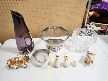 Decor Lot incl Bombay Company Purple Art Glass Vase, MCM Fade Glass Larger and Smaller Bowl Set,
