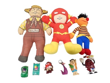 Lot of Plush and Small Toys incl Flash, Ernie, and Farmer Brown Plush and California Raisin, The Fli