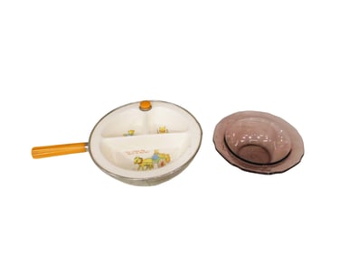 Vintage Children's Dishes incl Excello Baby Food Warming Dish with Bakelite Handle and Tiara Mother