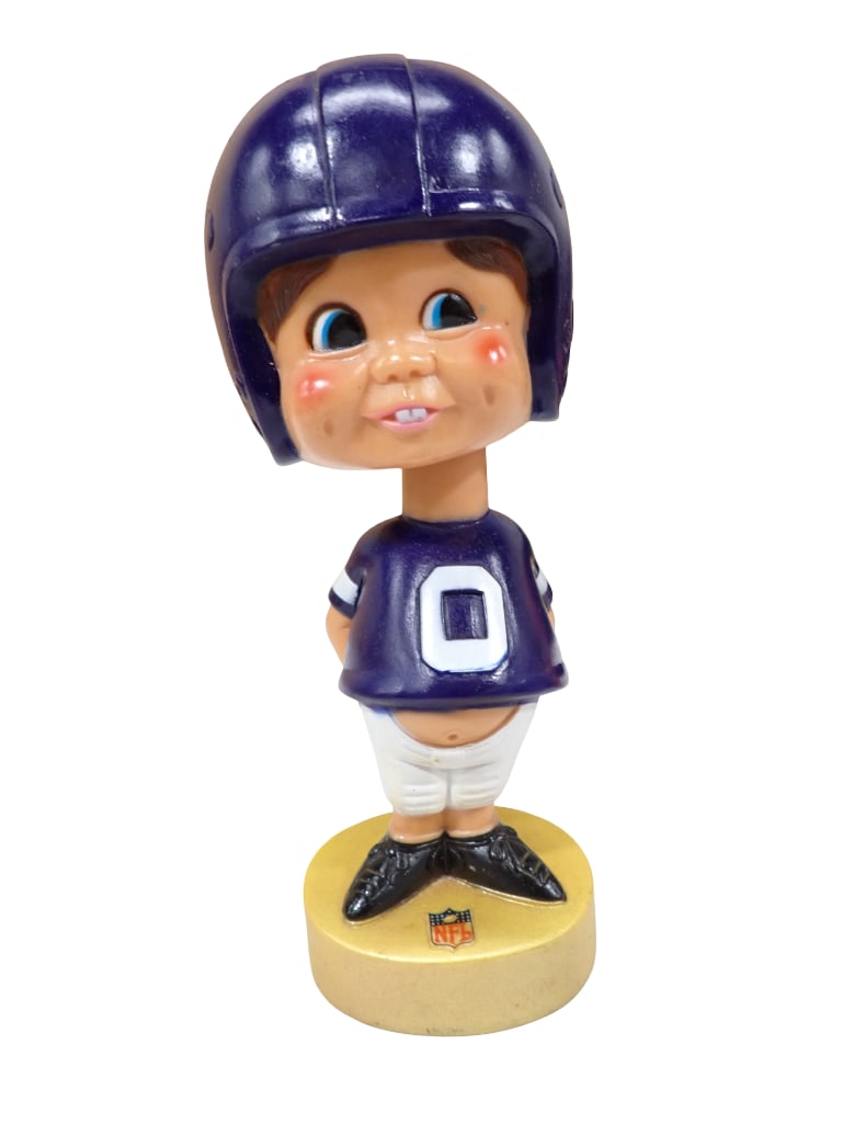 Vintage 1970s Minnesota Vikings NFL Bobblehead: Vintage 1970s Minnesota Vikings NFL Bobblehead . Made of plastic. All pictures are considered part of the description and should be examined carefully by bidders. Live Auctioneers is now offer