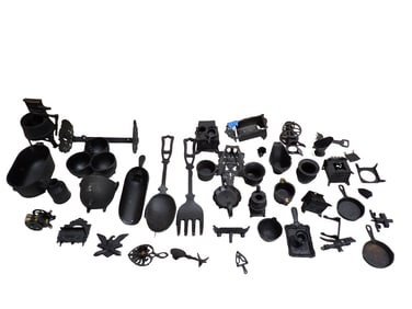 Lot of Cast Iron and Metal Items incl Miniature Pots, Pans, Scoops, Trivets, Etc