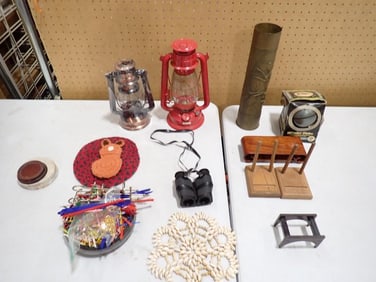 Misc Lot incl 2 Kerosene Lanterns, Replogle Wonder Globe, Binoculars, etc