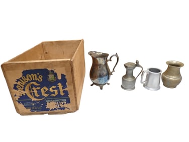 Vintage Wood Crate and Vintage Metal Items incl Brass Vase, Silver Plate Pitcher, etc