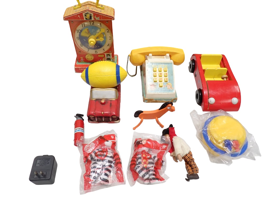 Toy Lot incl Fisher Price Pop Up Pal Telephone, Wood Toy Car, Pokey the Horse Figure,: Toy Lot incl Fisher Price Pop Up Pal Telephone, Wood Toy Car, Pokey the Horse Figure, 2 McDonald's Teenie Beanie Hamburglar Bears New in Package, Ceramic Fire Truck Planter, etc All pictures are