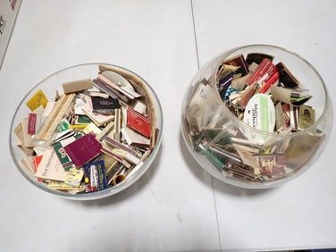 Collection of Matchbook Covers incl Vintage, Etc in a Glass Bowl and Vase