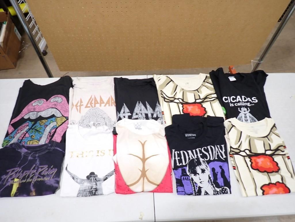 10 T-Shirts incl Prince Purple Rain, 2 Def Leppard, Wednesday, etc: Lot of 10 T-Shirts incl Prince Purple Rain, 2 Def Leppard, Wednesday, etc. Sizes range from Small to XL All pictures are considered part of the description and should be examined carefully by bi