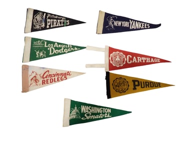 Vintage Pennants incl Cincinnati Redlegs, Los Angeles Dodgers, Washington Senators, New York Yankees