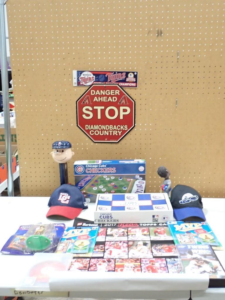 Sports Lot including Chicago Cubs Checkers, New Hats, Cards, Starting Lineup, Stickers, Pez (1 of 14)